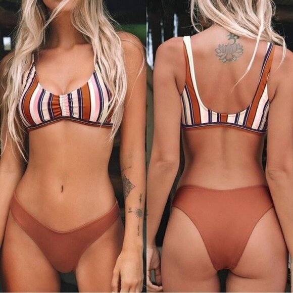 NWT Pink Brown Stripe Print Bikini Bathing Suit Set Set Size XS - Picture 1 of 7